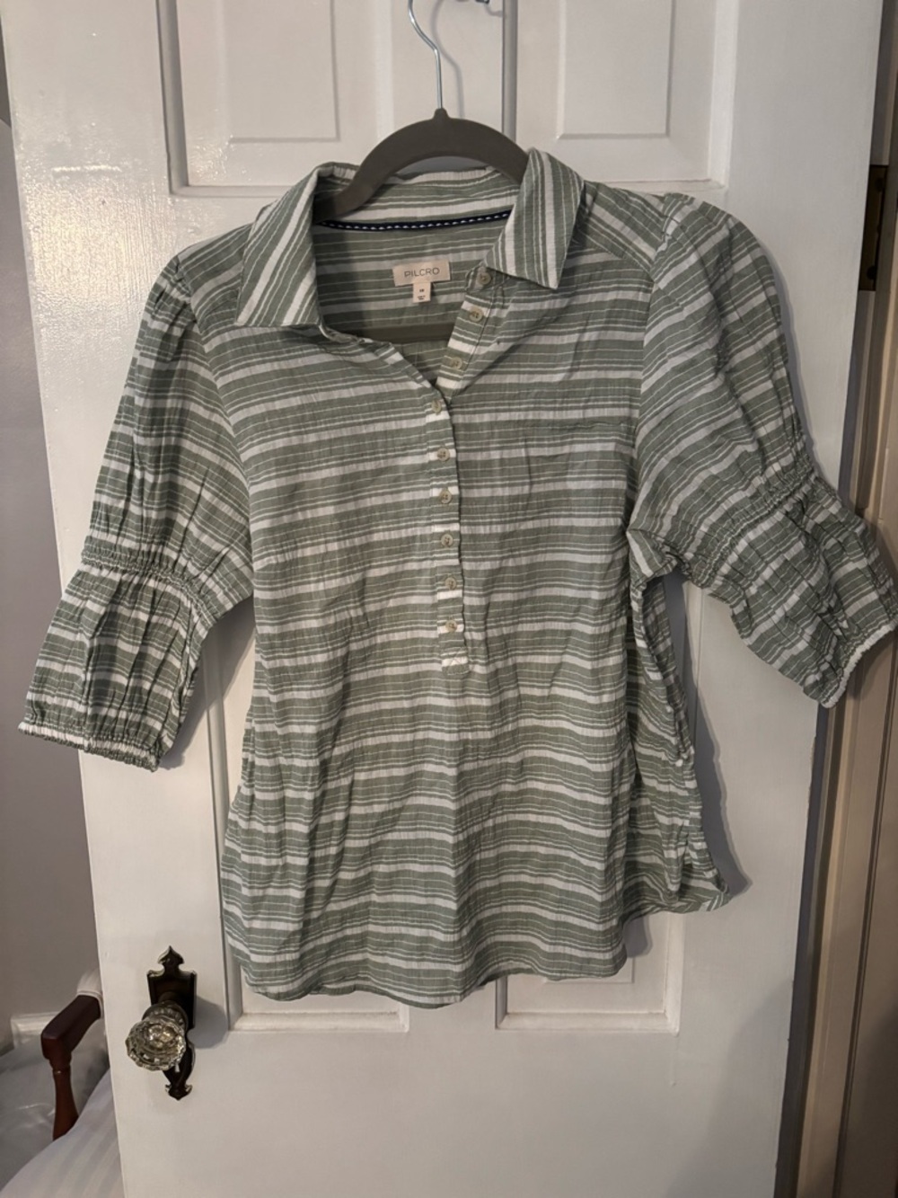 Pilcro Sage and White Striped Cotton Button Pullover